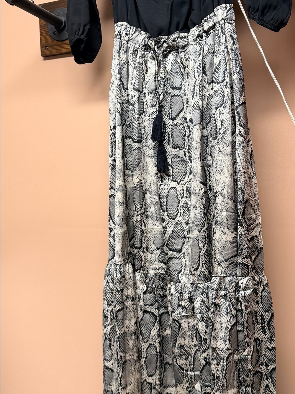 Main Strip Snake-Print Tiered Maxi Skirt in Black & White